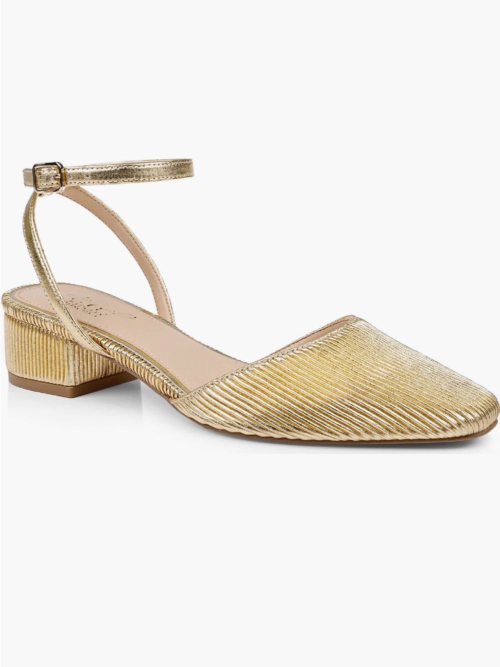 Badgley Mischka Metallic Gold Ribbed Ankle-Strap Low Block Heel Mule
